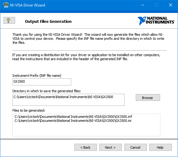 NI-VISA Driver Wizard - Output File Generation Window - Enter the model number as it appears of the lexan of the instrument you are using